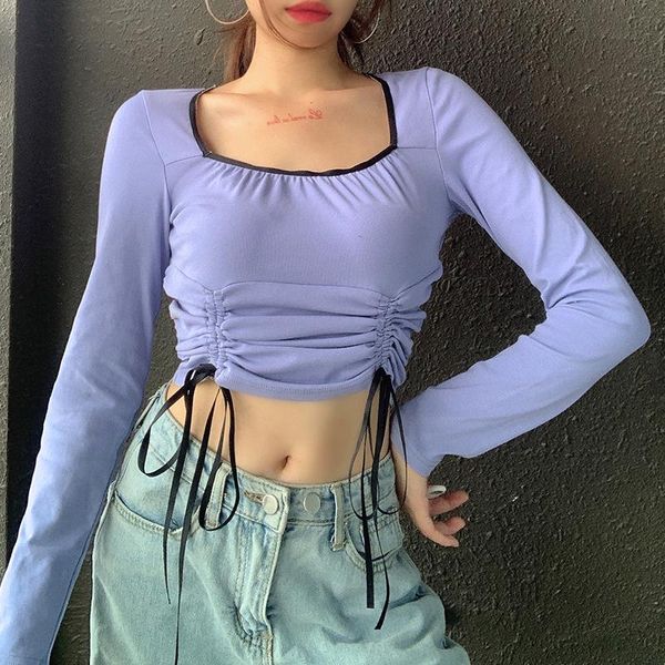 women's t-shirt t shirt women square neck long sleeve streetwear drawstring solid color exposed navel crop slim fit clothes for, White
women's t-shirt t shirt women square neck long sleeve streetwear drawstring solid color exposed navel crop slim fit clothes for, White
