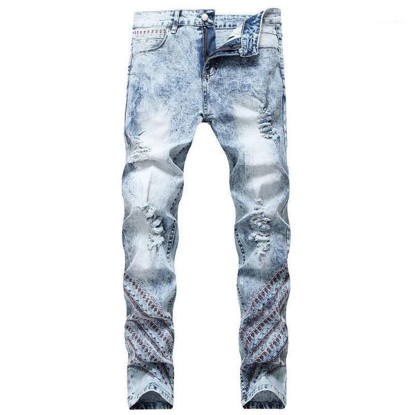 men's jeans retro denim men floral embroidery hole bleached full length stretch straight slim trousers male1, Blue
men's jeans retro denim men floral embroidery hole bleached full length stretch straight slim trousers male1, Blue