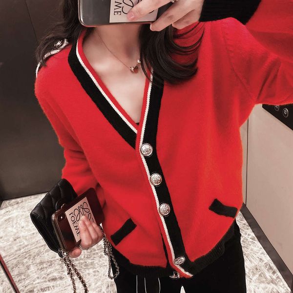 t4812 2021 net red xiaoxiang spring ftival knitted sweater contrast cardigan lazy new year coat, White;black
t4812 2021 net red xiaoxiang spring ftival knitted sweater contrast cardigan lazy new year coat, White;black