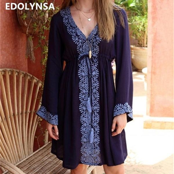2020 bohemian blue embroidered cotton tunic beach dress v-neck long sleeve tassel women beachwear loose summer dress n6841, Black;gray
2020 bohemian blue embroidered cotton tunic beach dress v-neck long sleeve tassel women beachwear loose summer dress n6841, Black;gray