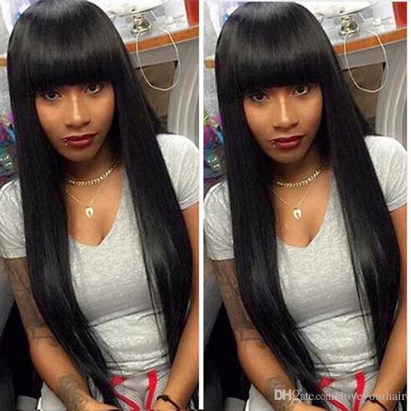 straight simulation real hair full lace wig full wig silk long straight hair band full bangs, Black