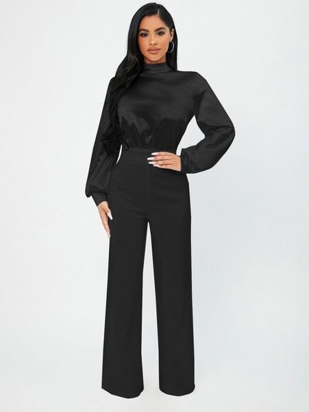 mock neck keyhole back jumpsuit m4vd#, White 
mock neck keyhole back jumpsuit m4vd#, White