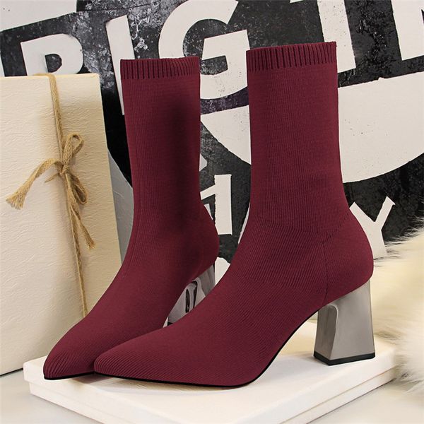 2020 fashion women knitting stretch boots 7cm high heels shoes block low heels pointed toe prom burgundy white ankle boots, Black 
2020 fashion women knitting stretch boots 7cm high heels shoes block low heels pointed toe prom burgundy white ankle boots, Black