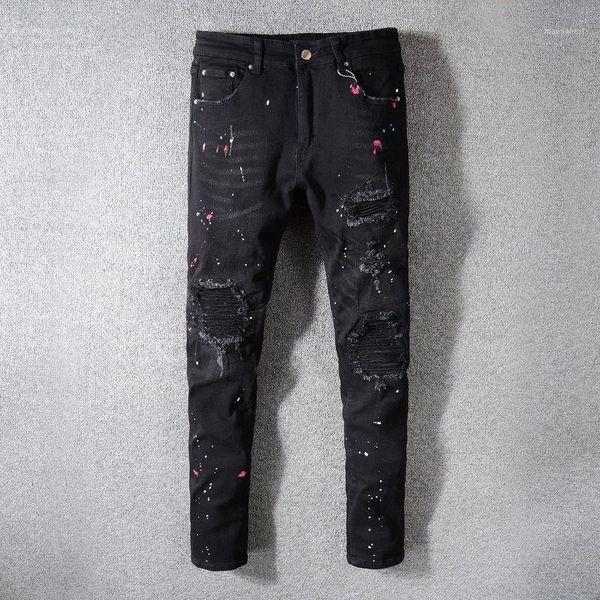 men's paint black cats men's sticker diamond patch jeans streetwear men clothes 2020 denim hip hop skinny jeans men1, Blue