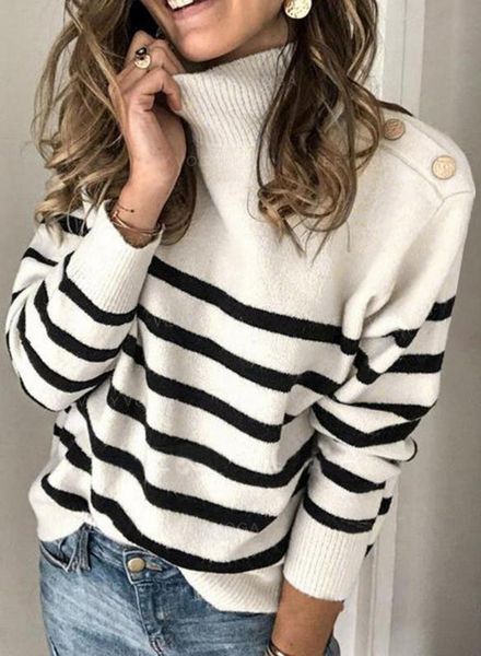women's sweaters winter 2021 fashion stripe high collar long sleeve button shirt sweater shoulder strap pullover, White;black
women's sweaters winter 2021 fashion stripe high collar long sleeve button shirt sweater shoulder strap pullover, White;black