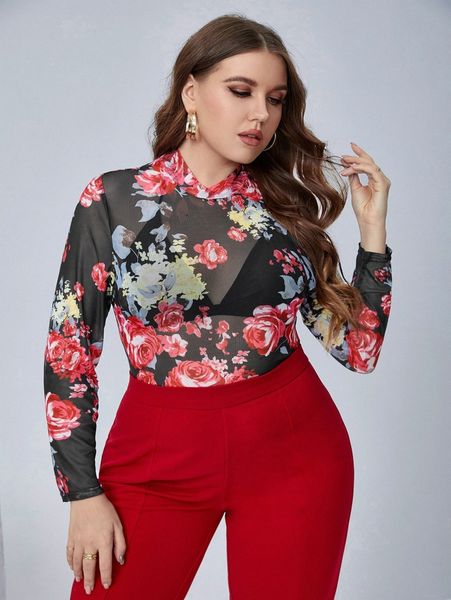 plus floral print mesh bodysuit without lingerie w9ap#, Black 
plus floral print mesh bodysuit without lingerie w9ap#, Black