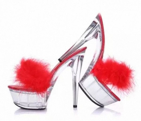 shoes woman platform sandals transparent crystal ultra high heels 15cm waterproof maomao sandals appeal big yards slippers #li1l, Black