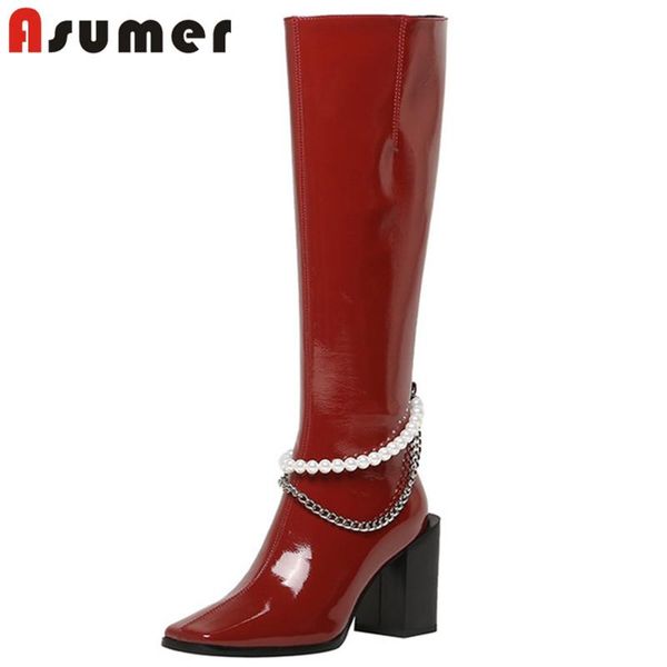 boots asumer 2021 patent leather knee high women square toe pearl autumn winter heel ladies party shoes, Black
boots asumer 2021 patent leather knee high women square toe pearl autumn winter heel ladies party shoes, Black