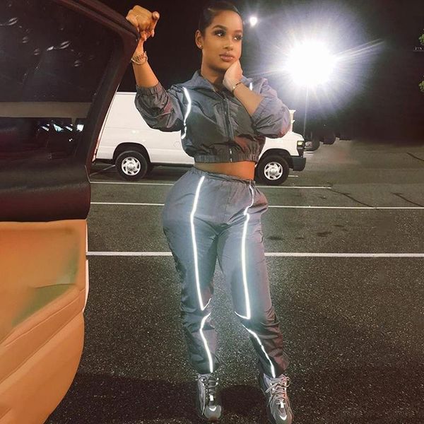 two piece set autumn women's new suit casual reflective zipper jacket long pants with reflective strip night running streetwear, Gray
two piece set autumn women's new suit casual reflective zipper jacket long pants with reflective strip night running streetwear, Gray