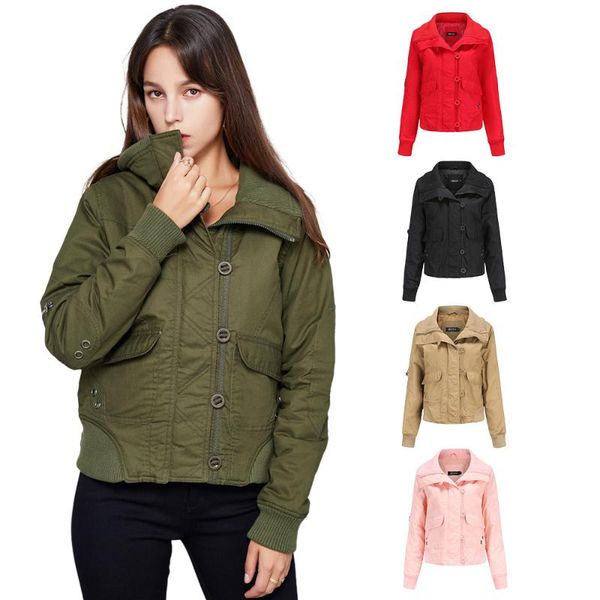 women's down & parkas short cotton winter zipper loose jacket female solid color pockets button thick high collar ribbed outerwear, Black
women's down & parkas short cotton winter zipper loose jacket female solid color pockets button thick high collar ribbed outerwear, Black