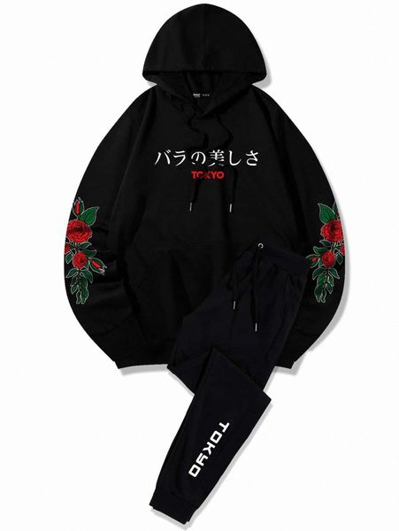 romwe guys floral and letter graphic hoodie & sweatpants l7ma#, Gray 
romwe guys floral and letter graphic hoodie & sweatpants l7ma#, Gray