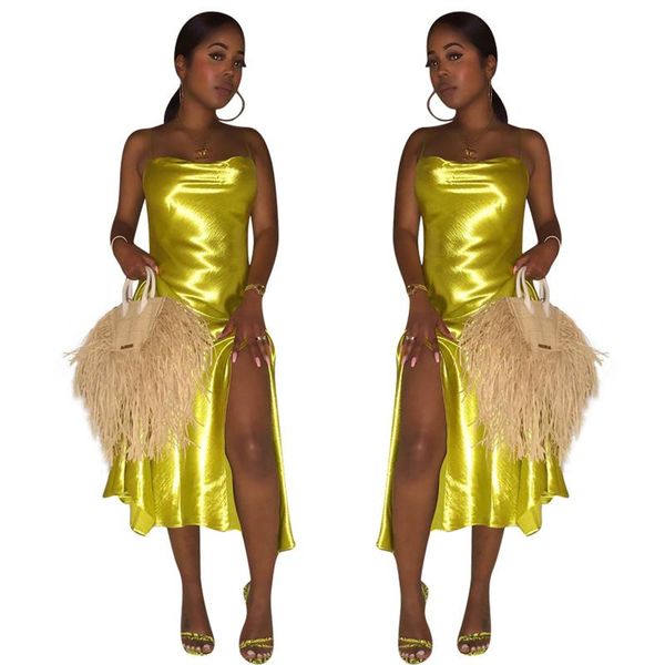 shiny gold stain silk dress women backless sleeveless spaghetti strap side split midi-calf length club long party dresses, Black;gray
shiny gold stain silk dress women backless sleeveless spaghetti strap side split midi-calf length club long party dresses, Black;gray
