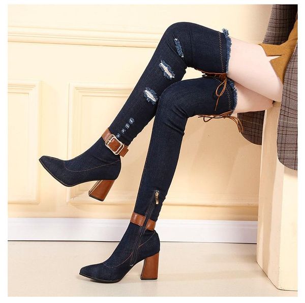 women slim thigh high hole denim boots spring chunky high heels shoes woman belt buckle cowboy over the knee botas mujer, Black
women slim thigh high hole denim boots spring chunky high heels shoes woman belt buckle cowboy over the knee botas mujer, Black