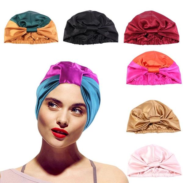 women imitation silk sleeping bonnet cap contrast color knotted elastic band turban hat double layer hair loss head cover, Blue;gray
women imitation silk sleeping bonnet cap contrast color knotted elastic band turban hat double layer hair loss head cover, Blue;gray