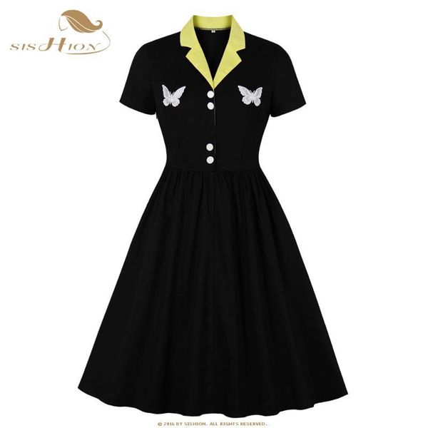 sishion 2020 new short sleeve 50s 60s swing retro vintage dress vd1426 elegant women ladies butterfly embroidery black dress, Black;gray
sishion 2020 new short sleeve 50s 60s swing retro vintage dress vd1426 elegant women ladies butterfly embroidery black dress, Black;gray