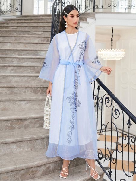 contrast trim bell sleeve self belted organza kimono w4c2#, White;black
contrast trim bell sleeve self belted organza kimono w4c2#, White;black