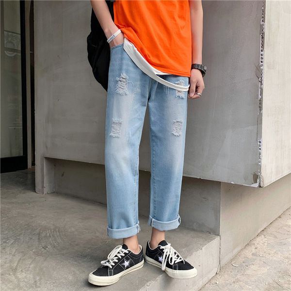 2020 new male fashions hip hop jeans torn fall solid polyester vintage straight tube washed brim streetwear pants, Blue
2020 new male fashions hip hop jeans torn fall solid polyester vintage straight tube washed brim streetwear pants, Blue
