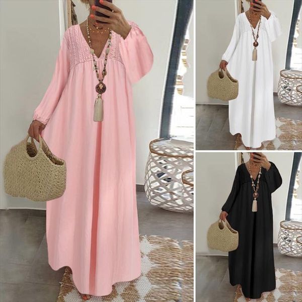 plus size women long dress 2020 summer v neck lantern sleeve lace maxi dress casual loose ruffles party vestidos, Black;gray