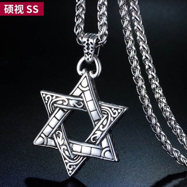 fashion men's personality necklace japanese and korean chaoren long style pendant double-sided fashionable titanium steel six star stud, Silver 
fashion men's personality necklace japanese and korean chaoren long style pendant double-sided fashionable titanium steel six star stud, Silver