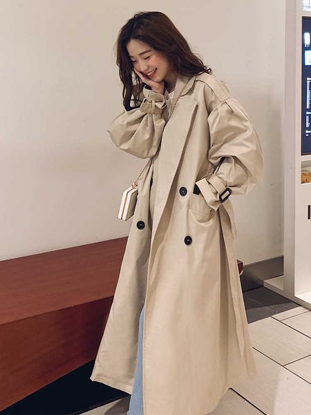 women's autumn loose long trench coat korean-style all-match shallow khaki windbreakers casual double breasted coats with belt, Tan;black
women's autumn loose long trench coat korean-style all-match shallow khaki windbreakers casual double breasted coats with belt, Tan;black