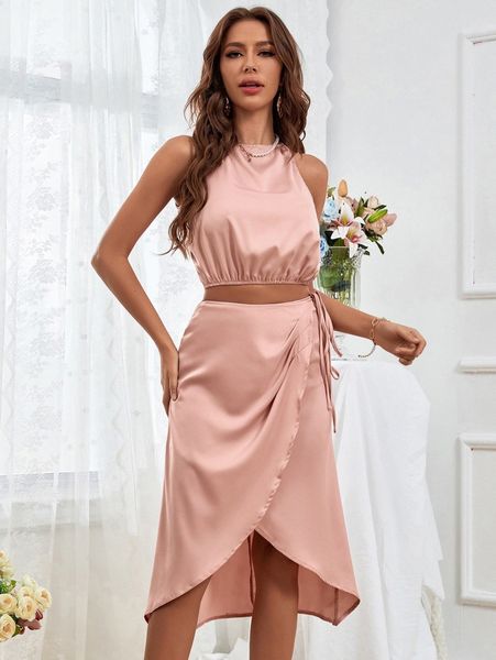 satin halter & knot side wrap skirt w35u#, White
satin halter & knot side wrap skirt w35u#, White