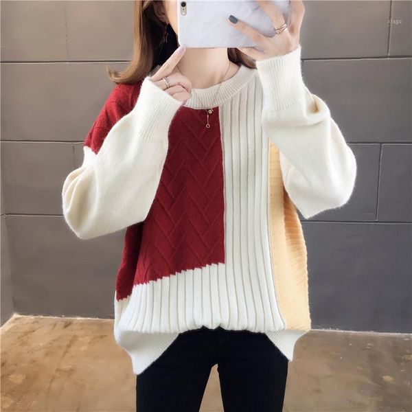 lucyever women pullover sweater autumn fashion patchwork long sleeve loose ladies knitted coat casual jumper, White;black
lucyever women pullover sweater autumn fashion patchwork long sleeve loose ladies knitted coat casual jumper, White;black