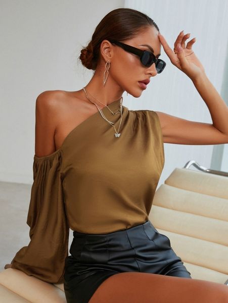 solid asymmetrical neck blouse q7oh#, White 
solid asymmetrical neck blouse q7oh#, White