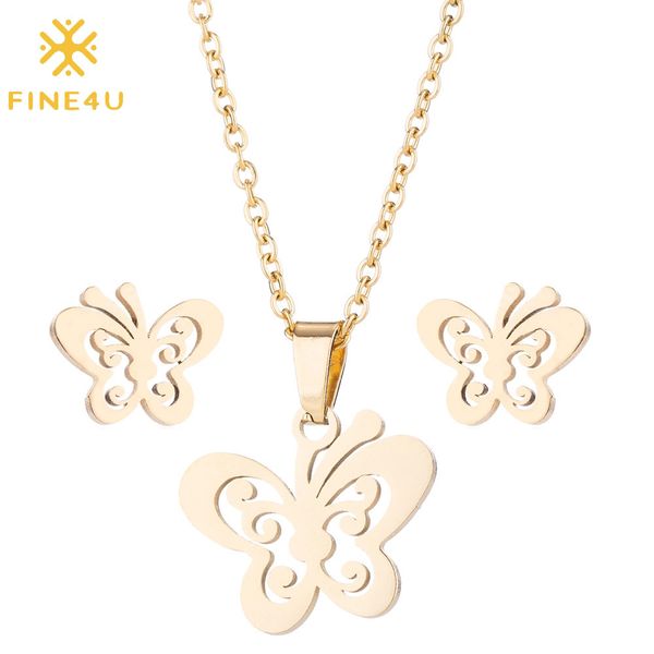 fine4u n611 stainless steel butterfly necklace earrings set bohemia cute butterfly jewelry set, Silver