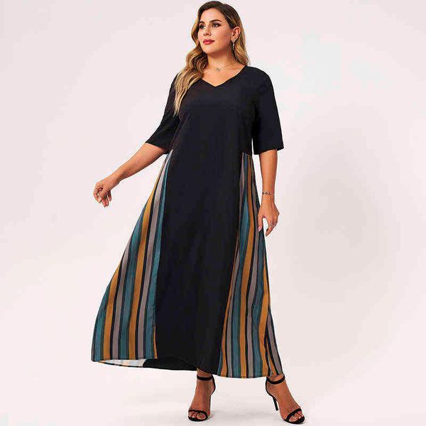 women's long dress, casual loose middle sleeve, black vertical stripe and v-neck, large, 2022
women's long dress, casual loose middle sleeve, black vertical stripe and v-neck, large, 2022
