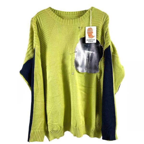 men's sweaters "rabbit. b" hand remake contrast patchwork off shoulder crew neck sweater, White;black
men's sweaters "rabbit. b" hand remake contrast patchwork off shoulder crew neck sweater, White;black