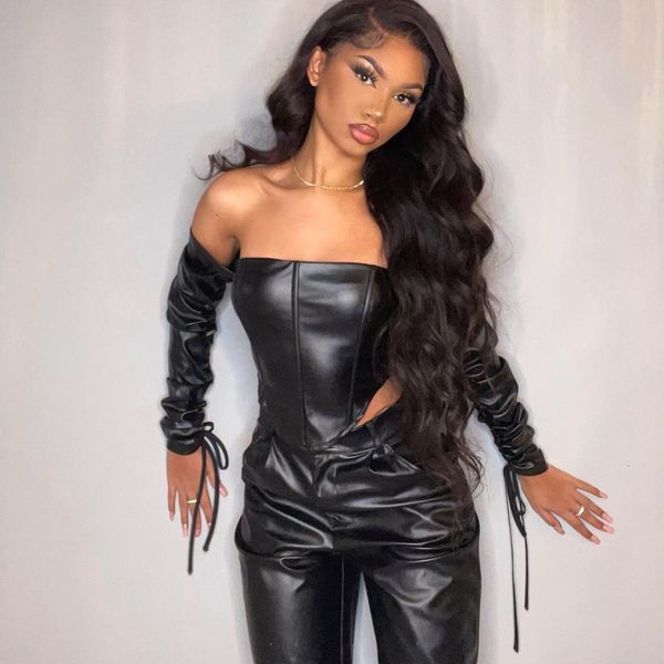 2021 spring new waistband one line shoulder leather women's xf5195