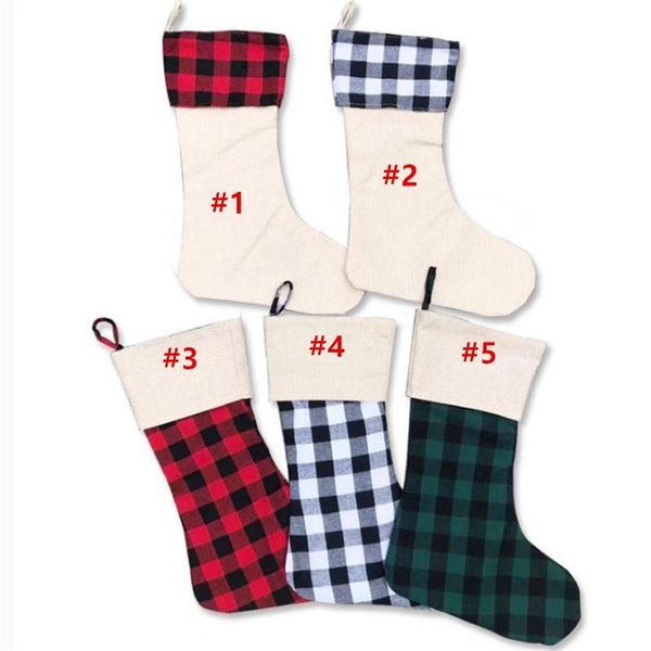 2021 Christmas Stocking Grid Plaid Xmas Stocking Pendent Candy Gifts Bag Purse Patchwork Long Socks New Year Christmas Ornament E110603