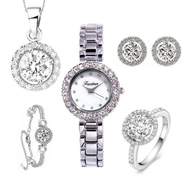 fashion trend women watch set 5pcs/set necklace bracelet ring earrings ladies crystal diamond quartz wrist watches sets with box, Slivery;golden
fashion trend women watch set 5pcs/set necklace bracelet ring earrings ladies crystal diamond quartz wrist watches sets with box, Slivery;golden
