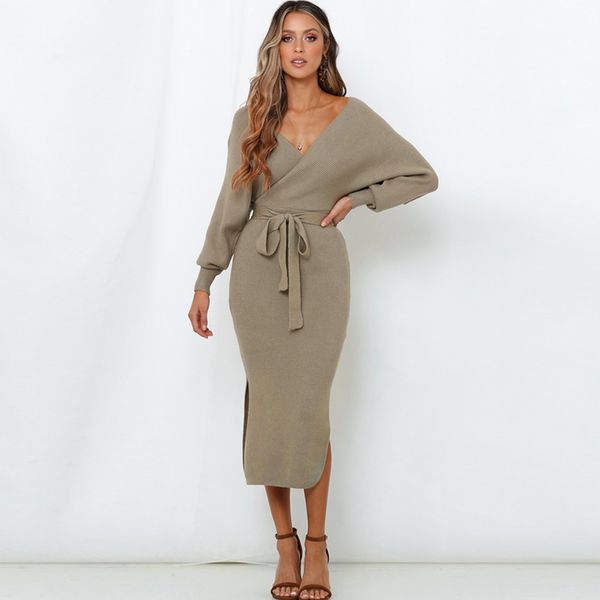 women's midi knitted spring autumn solid v neck split high waist ladies sweater dress with sashes long sleeve for female
women's midi knitted spring autumn solid v neck split high waist ladies sweater dress with sashes long sleeve for female