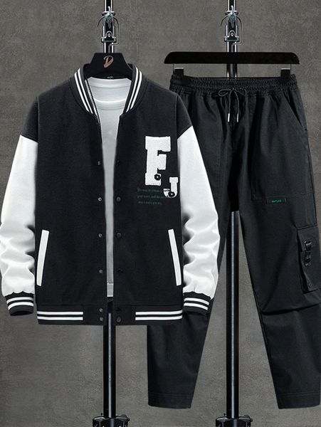 men 1pc slogan graphic striped trim bomber jacket & 1pc drawstring pants f77g#, Gray
men 1pc slogan graphic striped trim bomber jacket & 1pc drawstring pants f77g#, Gray