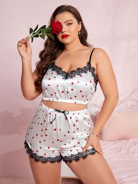 plus heart print eyelash lace trim satin cami & bow detail shorts pj set v87d#, Black;white
plus heart print eyelash lace trim satin cami & bow detail shorts pj set v87d#, Black;white