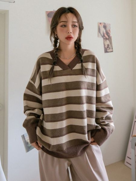 dazy block stripe pattern drop shoulder oversized sweater 49j9#, White 
dazy block stripe pattern drop shoulder oversized sweater 49j9#, White