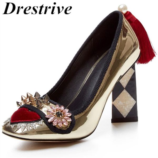 drestrive women pumps patent leather thick heels 9 cm rivet tassel female fashion high heel shoes crystal slip on gold, Black
drestrive women pumps patent leather thick heels 9 cm rivet tassel female fashion high heel shoes crystal slip on gold, Black