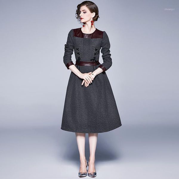 elegant designer women winter warm vintage wool blend dress female lace-up leather patchwork office party a-line dresses vestido1, Black;gray
elegant designer women winter warm vintage wool blend dress female lace-up leather patchwork office party a-line dresses vestido1, Black;gray