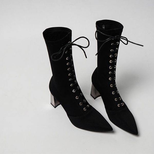 women's fashion elastic fabric splice rome cross-tie ankle high heel boots casaul pointed toe feminine boots basic ankle, Black
women's fashion elastic fabric splice rome cross-tie ankle high heel boots casaul pointed toe feminine boots basic ankle, Black