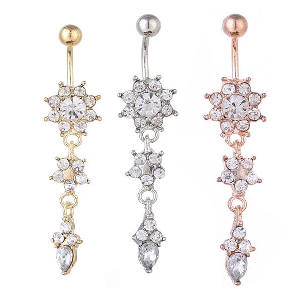 floral diamond belly button nails stainless steel piercing button ring plum blossom long pendant, Silver 
floral diamond belly button nails stainless steel piercing button ring plum blossom long pendant, Silver