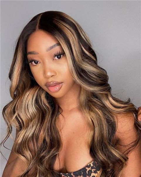 13x4 frontal lace transparent highlight honey blonde human hair wig body wave for black women, Black;brown
13x4 frontal lace transparent highlight honey blonde human hair wig body wave for black women, Black;brown