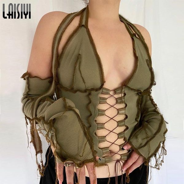 laisiyi backless halter ribbed tie front women long sleeve hollow out lace up t shirts patchwork bodycon crop top, White
laisiyi backless halter ribbed tie front women long sleeve hollow out lace up t shirts patchwork bodycon crop top, White