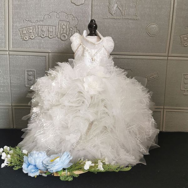 handmade dog apparel clothes wedding dress fairy-tale classic white lace ball gown chapel train pets trailing yorkie