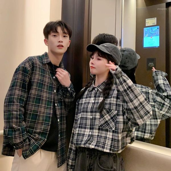 autumn cotton plaid shirt men's fashion retro casual shirt men streetwear wild loose couple long sleeve shirts mens s-xl1, White;black