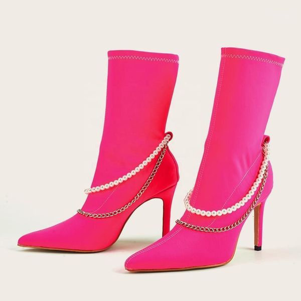 creative design pearl ornament metal chain women half knee high boots spike heel pointed toe slip-on solid mid calf booties1, Black 
creative design pearl ornament metal chain women half knee high boots spike heel pointed toe slip-on solid mid calf booties1, Black