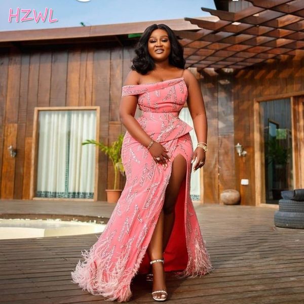 african women plus size prom dresses off the shoulder side high split evening gowns with feather sweep train robe de soire, Black
african women plus size prom dresses off the shoulder side high split evening gowns with feather sweep train robe de soire, Black