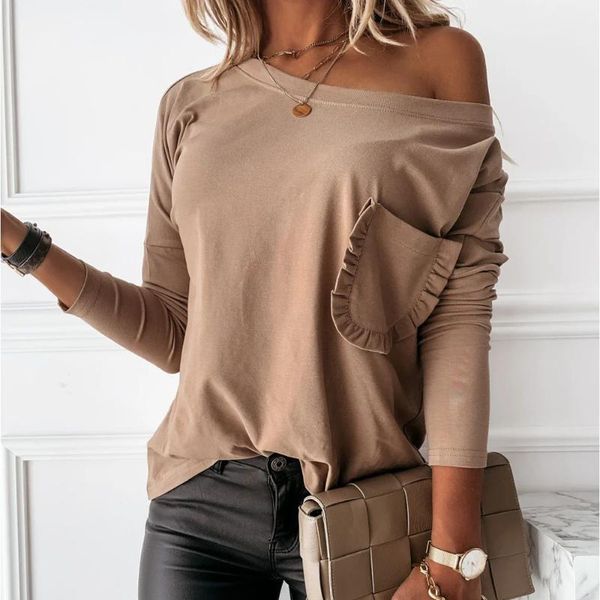 women's t-shirt scalloped pocket basic for women one shoulder tshirts woman 2021 autumn long sleeve khaki shirts, White
women's t-shirt scalloped pocket basic for women one shoulder tshirts woman 2021 autumn long sleeve khaki shirts, White
