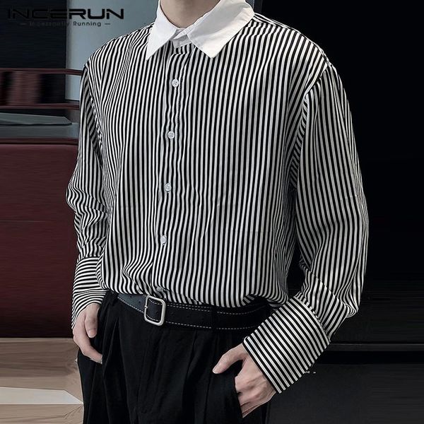 men's casual shirts incerun fashion striped long sleeve button streetwear men turn down collar blouse leisure patchwork camisa, White;black
men's casual shirts incerun fashion striped long sleeve button streetwear men turn down collar blouse leisure patchwork camisa, White;black