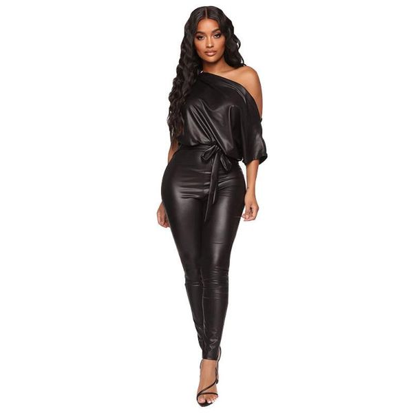 black pu leather moto biker club party romper women one shoulder short sleeve skinny jumpsuit hip hop high waist sash body suits, Black;white 
black pu leather moto biker club party romper women one shoulder short sleeve skinny jumpsuit hip hop high waist sash body suits, Black;white